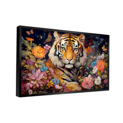 King of The Jungle Tiger Face with Flower Canvas Printed Wall Paintings & Arts