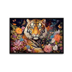 King of The Jungle Tiger Face with Flower Canvas Printed Wall Paintings & Arts