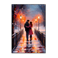 Beautiful A Couple Walking on A Bridge in The Snow Loving Wall Paintings & Arts