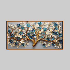 Luxury 3D Blooming Tree Wall Art – Gold Trunk with Blue and White Flowers on Grey Canvas