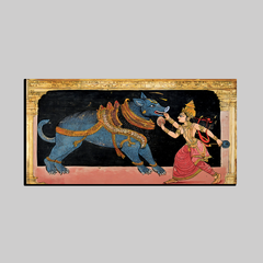 Traditional Indian Mythological Wall Art – Goddess Slaying Demon in Pattachitra-Style Painting