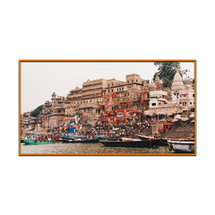 Heritage View of Varanasi Ghats in Earthy Tones Framed Wall Art