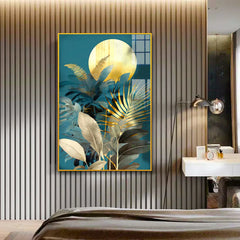 Intricate Jali Wooden Floor Temple with Spacious Shelf & Inbuilt Focus Light- White | Abstract Golden Plant Leaves Picture Acrylic Wall Paintings & Arts
