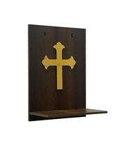 Minimalist Wooden Christian Altar Shelf | Wall Mounted Prayer Nook with Golden Cross