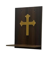 Minimalist Wooden Christian Altar Shelf | Wall Mounted Prayer Nook with Golden Cross