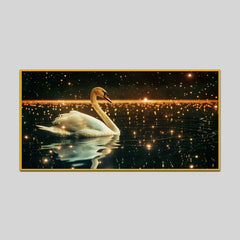Graceful Swan Serene Lake Surrounded By Whimsical Sparkling Lights Nighttime Canvas Wall Paintings Clearance Sale