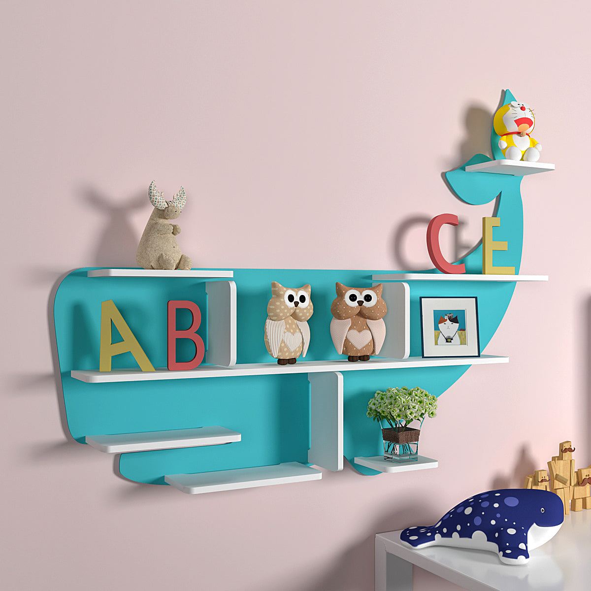 Shark-Shaped Wooden Wall Shelf for Kids (Blue)