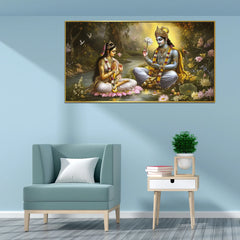 Radha Krishna Paintings Couple Sitting Boat River with Flowers Clearance Sale