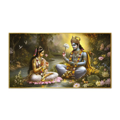 Radha Krishna Paintings Couple Sitting Boat River with Flowers Clearance Sale