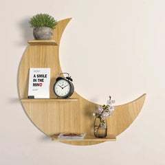 Moon Backlit Wood Wall Shelf / Book Shelf, Oak Finish