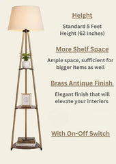 Divine Trends 3 Shelves Floor Lamp Brass Antique Finish 5 Feet Height with 16” Diameter Off White LampShade