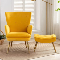 Tufted Long Back Yellow Lounge Chair With Ottoman