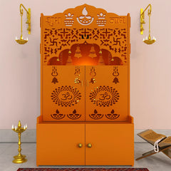 Modern Bhagwa Wooden Floor Pooja Mandir with Doors Laser-Cut Om & Diya Design with Storage Cabinet