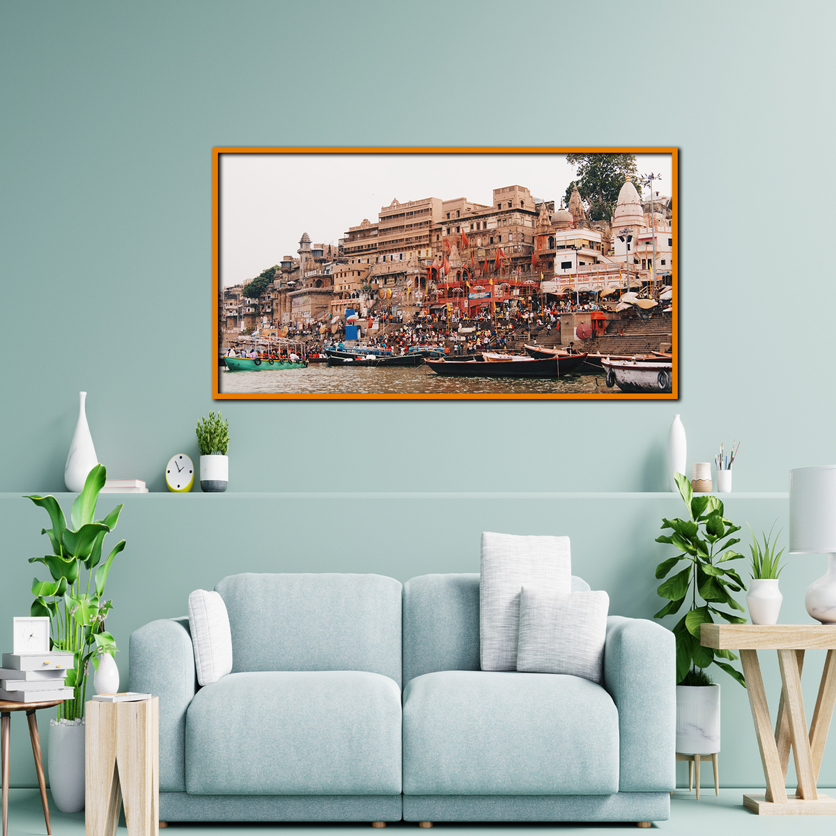 Heritage View of Varanasi Ghats in Earthy Tones Framed Wall Art