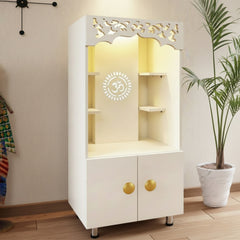 Luxury White Home Temple with LED Backlight & $Om$ Design | Pooja Mandir Storage