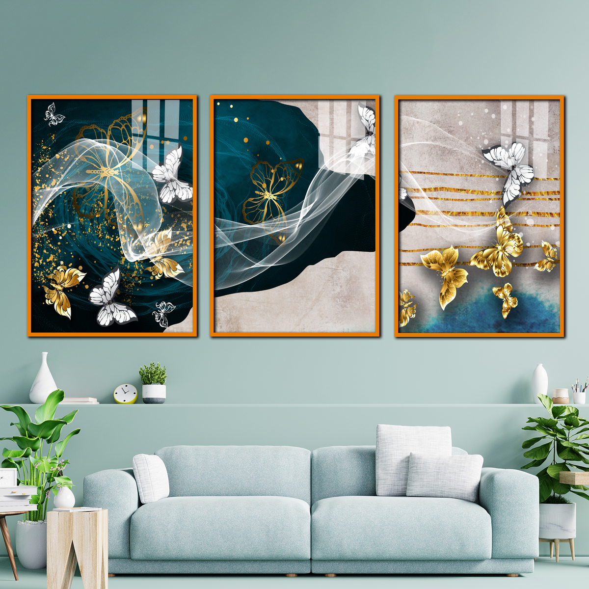 Elegant Butterfly & Abstract Flow Acrylic Canvas Art - 3 Piece Wall Decor Set