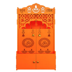 Modern Bhagwa Wooden Floor Pooja Mandir with Doors Laser-Cut Om & Diya Design with Storage Cabinet