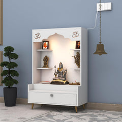 Divine Engineered Wood Home Temple Modern Design Puja Temple Stand with LED Lights Home Mandir OM Puja Shelf for Office - White