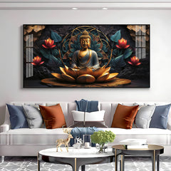 Divine Buddha on Golden Lotus Premium Acrylic Glass Painting