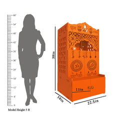 Modern Bhagwa Wooden Floor Pooja Mandir with Doors Laser-Cut Om & Diya Design with Storage Cabinet