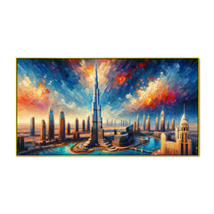 Modern Skyline with Burj Khalifa and Colorful Sky Canvas Print Wall Painting