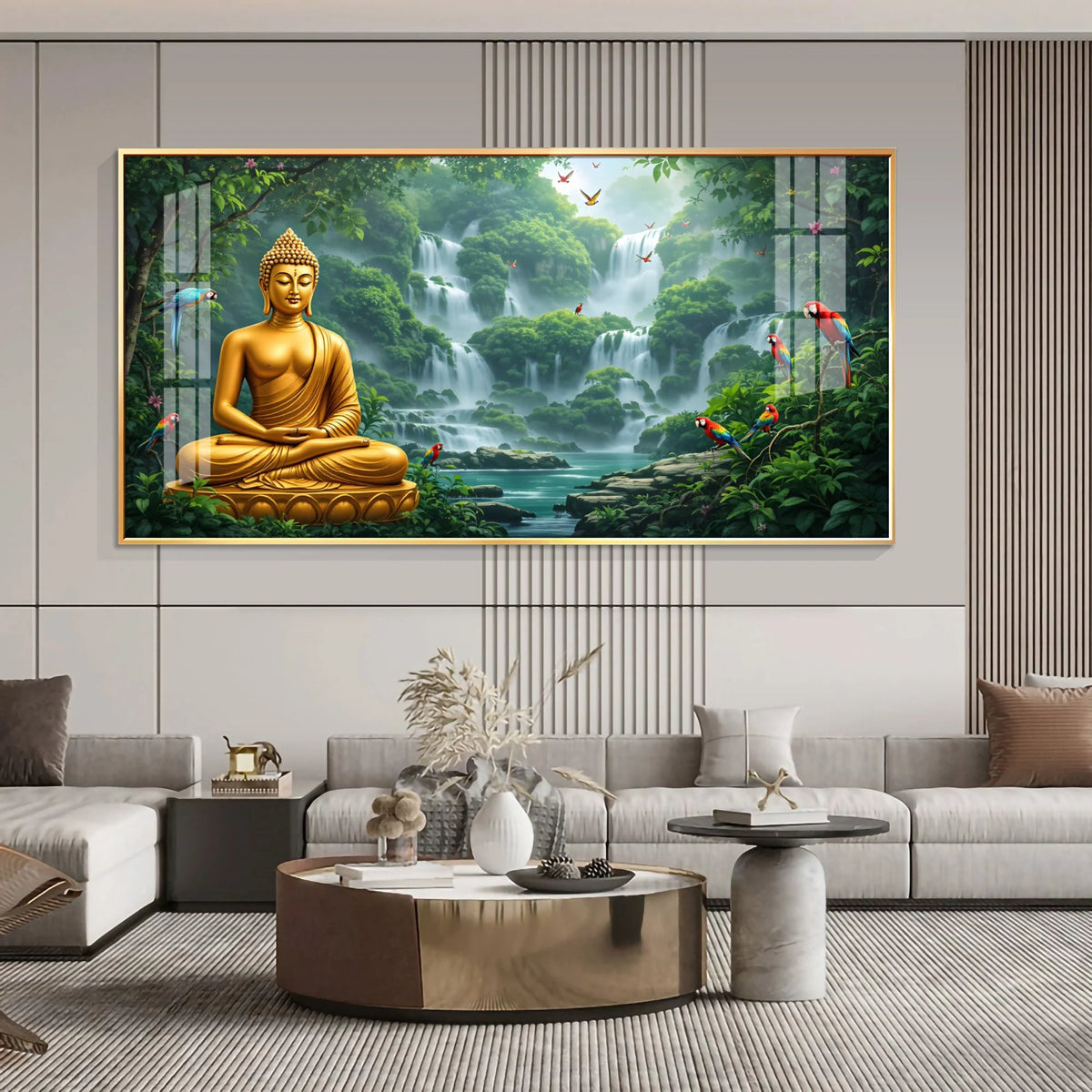 Modern Buddha Meditating Waterfall Nature Scene Canvas Painting