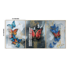 3-Panel Butterfly Wall Art: Colorful Butterflies on Grey & Gold Abstract | Modern Triptych