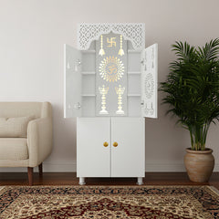 Minimalist White Pooja Mandir with Om Design | Home Temple Storage Unit