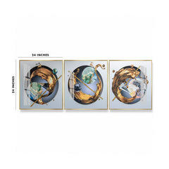 Luxury  Abstract Wall Art: Gold Splash & Cosmic Spheres Triptych (Set of 3)
