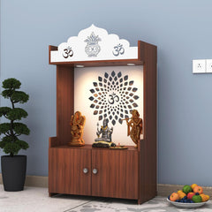 Divine LED Light Puja Shelf OM Temple Stand Home Mandir Puja Mandir for Home, Office - Walnut