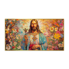Vibrant Jesus Christ Cross Surrounded Wild Flowers Canvas Wall Paintings & Arts