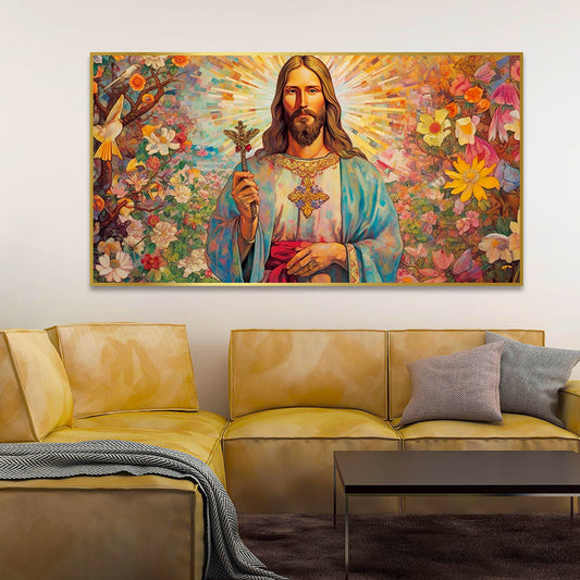 Vibrant Jesus Christ Cross Surrounded Wild Flowers Canvas Wall Paintings & Arts