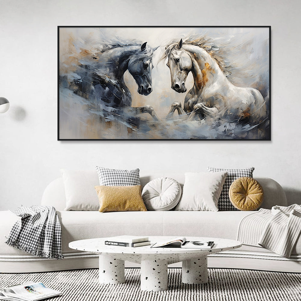 Beautiful Western Black And White Horse Canvas Printed Wall Paintings & Art