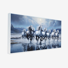 Beautiful Eight Running Light Blue Horses Vastu Canvas 3d Wall Painting With Framed