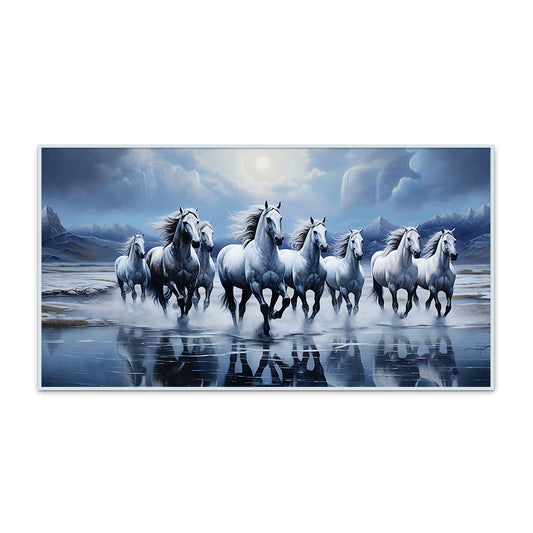 Beautiful Eight Running Light Blue Horses Vastu Canvas 3d Wall Painting With Framed