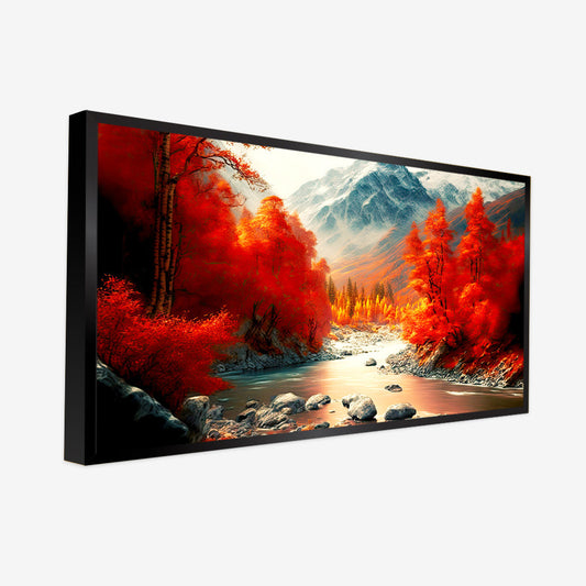 Beautiful Autumn Landscape in Red Yellow Tones with Bright Mountain River Wall Painting & Art