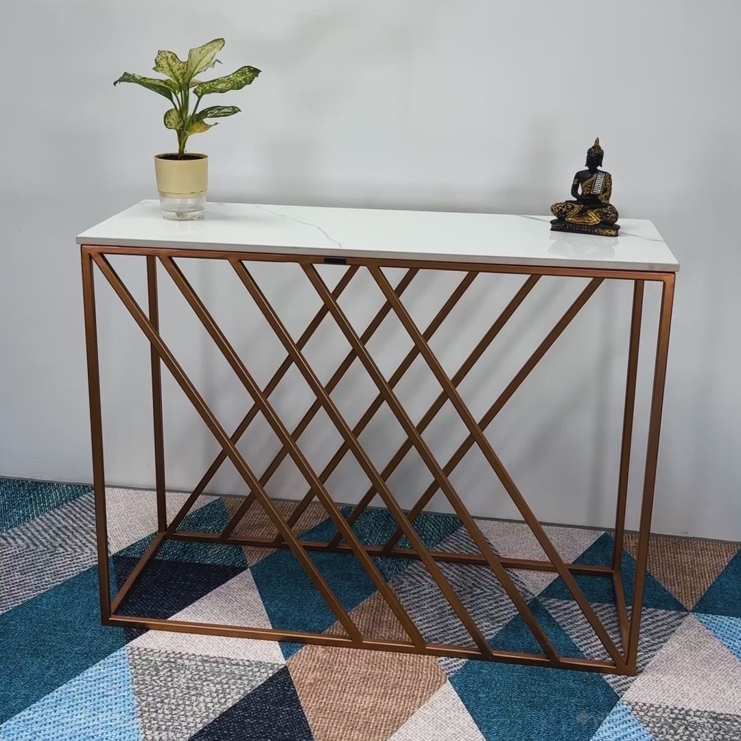 Unique Pattern Console Table with Copper Metal Finish