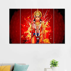 Hanuman Ji Modern Art Painting Canvas Printed 5 Pieces Wall Hanging