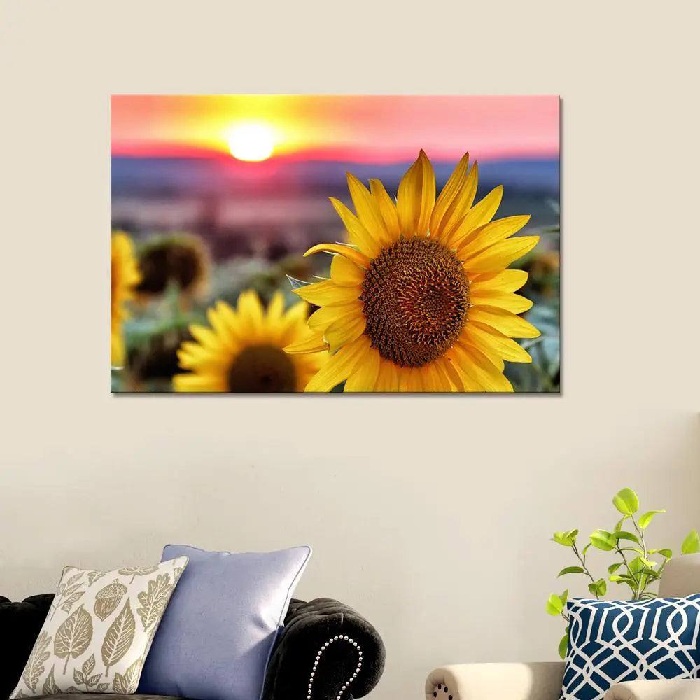 Sunflower With Sunset Scenery Canvas Prints Wooden Wall Painting