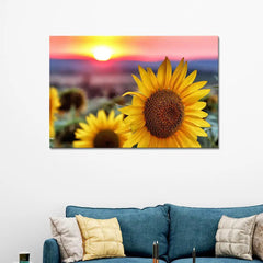 Sunflower With Sunset Scenery Canvas Prints Wooden Wall Painting