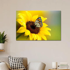 Sunflower With Butterfly Canvas Prints Wooden Wall Painting