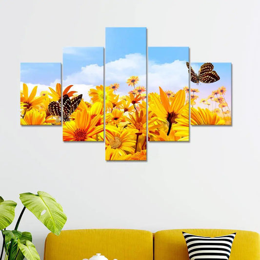 Sunflower Garden With Butterfly  5 Pieces Canvas Print Wall Painting