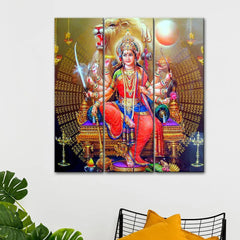 Durga Maa Beautiful Painting On Canvas Set Of 3 Wooden Frames