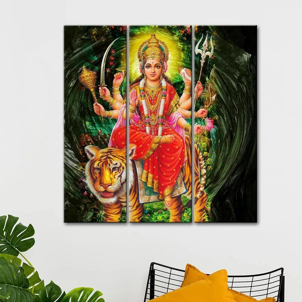 Durga Maa Painting On Canvas Set Of 3 Wooden Frames