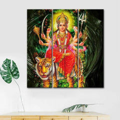 Durga Maa Painting On Canvas Set Of 3 Wooden Frames