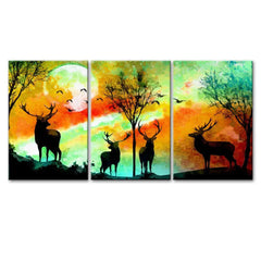 Deer in Forest  Wall Art Wooden Framed 3 Pieces Canvas Painting