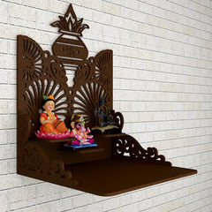 Beautiful Wall Hanging Wooden Temple/ Pooja Mandir Design with Shelf, Brown Color