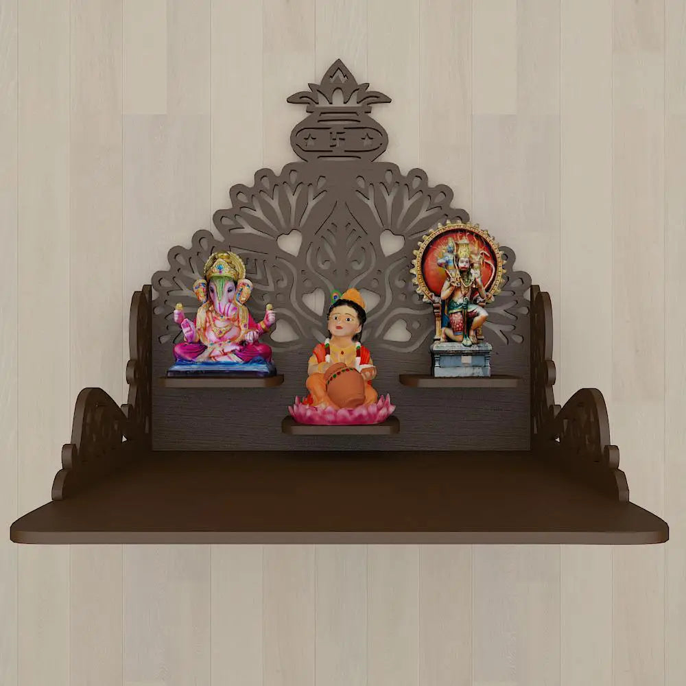 Beautiful Wall Hanging Wooden Temple/ Pooja Mandir Design with Shelf, Brown Color