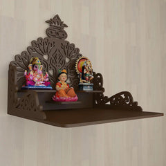 Beautiful Wall Hanging Wooden Temple/ Pooja Mandir Design with Shelf, Brown Color