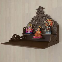 Beautiful Wall Hanging Wooden Temple/ Pooja Mandir Design with Shelf, Brown Color